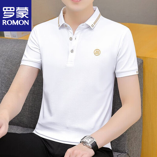 Romon Summer NUEVA Camiseta de la solapa de manga corta para hombres Polo Trendy Casual Media manga Handsome Men's Collar Camiseta 679 White M [sugerido 95-115Jin [Jin iguala 0.5 kg]]]