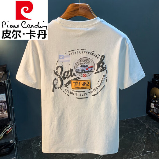 皮尔卡丹（pierre cardin）白色T恤男夏季新款高端潮流印花t恤美式轻奢新疆棉舒适短袖T恤衫 香槟色 【JSW9906香槟色】 M 适合90-108斤穿