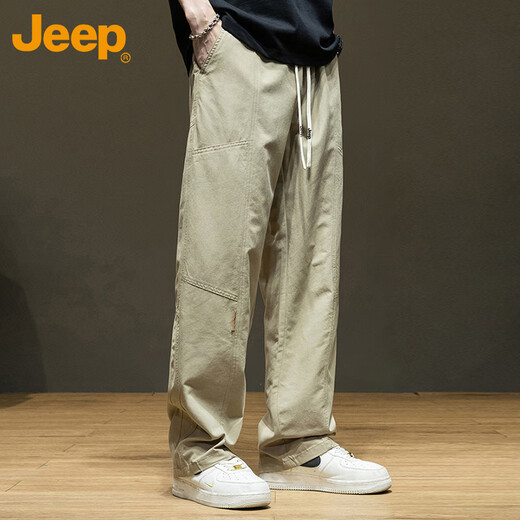 JEEP Casual Pants Men's Autumn and Winter Pure Cotton Trendy Loose Straight Pants Men's Versatile Sports Men's Pants Khaki 2XL