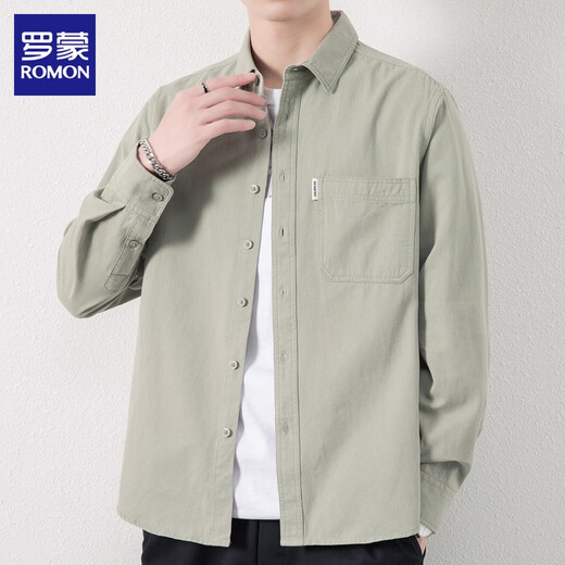 ROMON long-sleeved shirt men's pure cotton no-iron inch shirt 2026 spring and autumn comfortable and trendy casual shirt jacket for men bean green 2XL recommended 141-160Jin Jin equals 0.5 kg