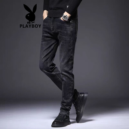 花花公子（PLAYBOY）香港高端黑灰色牛仔裤男修身小脚潮牌2025夏季新款弹力休闲裤子男 1049灰色 28