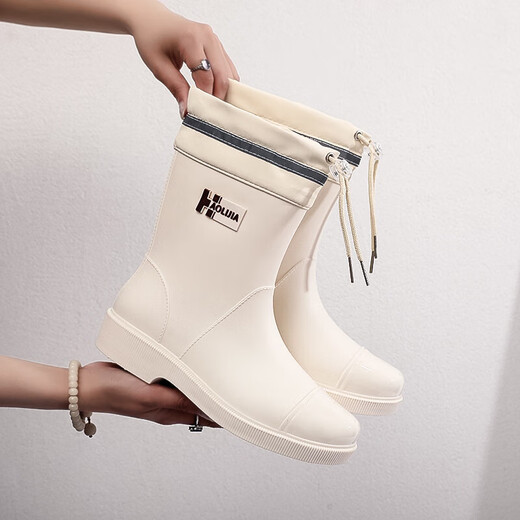 Japanische Mode neue Regenstiefel mit mittlerer Röhre für Frauen, die Wasserschuhe zum Auto tragen, das draußen im Sommer zum Meer eilt, um wasserdichte wasserdichte Stiefel 001 White plus wasserdicht zu sein, um nicht entfernt zu werden 40