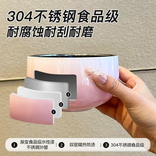 Chino Gradient Tableware Set 304 Stainless Steel Bowl Home Gradient Rice Bowl Food Grade Double-Layer Anti-scalding Spoon and Chopsticks Gradient丨Powder Bowl