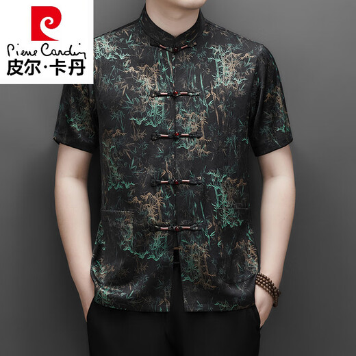 皮尔卡丹（pierre cardin）中国风男装短袖2025年夏季桑蚕丝唐装衬衫复古盘扣真丝上衣套装薄 9216T款蜜蜡黄--长裤套装 M 170/39