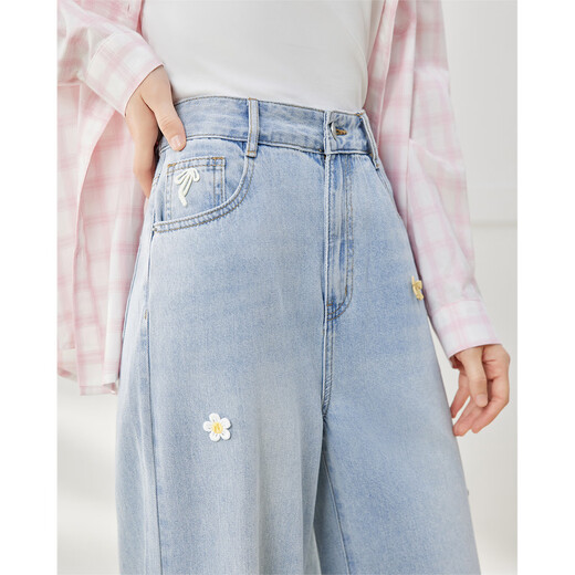 
IEF/Aiyifu pants 2025 summer new Korean version sweet girl style bow printed denim wide-leg pants denim blue M