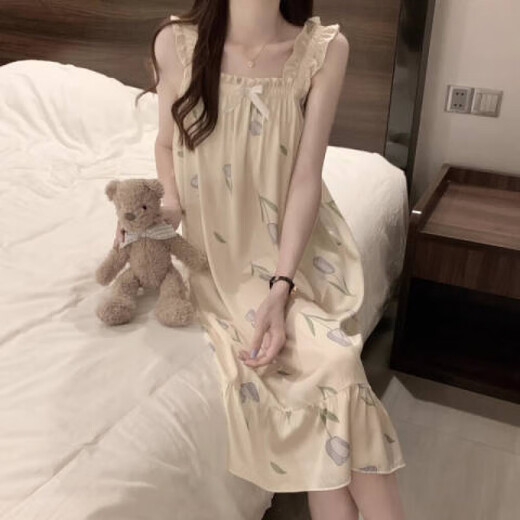 樵廿吊带睡裙女士甜美可爱夏季薄款冰丝凉感少女带胸垫睡衣公主家居服 1355吊带裙 草莓小花 (带胸垫) M 160