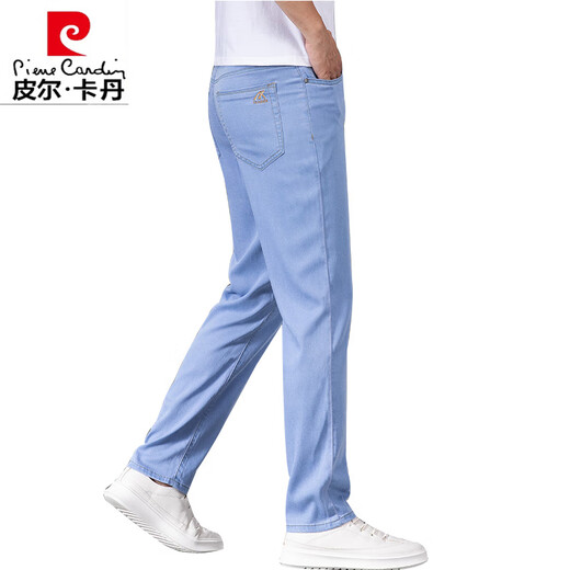 皮尔卡丹冰丝牛仔裤男士夏季薄款男裤天丝蓝色2025新款弹力轻薄长裤子 蓝色9767 36