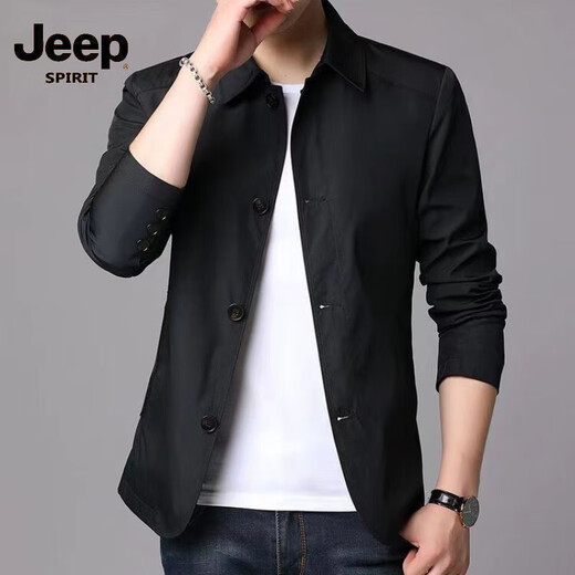 吉普（JEEP）春秋季男士商务休闲夹克西装中青年纯色翻领薄款韩版修身风衣外套  深蓝1048  M 【建议98-118斤】