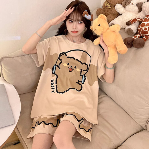 SMVP2025 Neuer Sommer-Pyjama für Frauen kurzärmelige Shorts Kapibala Anzug Casual Plus großer Cartoon Home Clothing 281# Milch Tea Bala + 693 Black Smiley Face M [Vorschlagen 70-95jin [Jin gleich 0,5 kg]]
