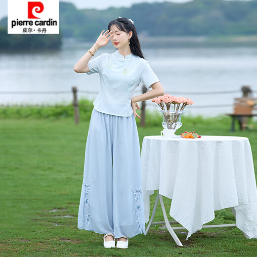皮尔卡丹（pierre cardin）2025新款复古中式立领汉服棉麻大码显瘦衬衫盘扣上衣+阔腿裤两件 897白色上衣 M 85-95