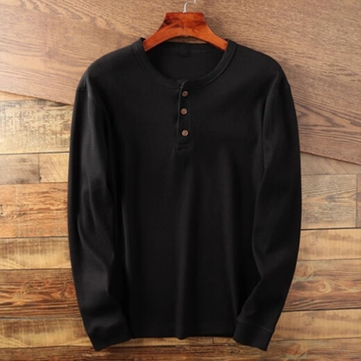 Kuraishi Kazuki waffle knitted bottoming long-sleeved T-shirt men's loose shirt Henry collar solid color casual inner top black L (150-170Jin Jin equals 0.5kg)
