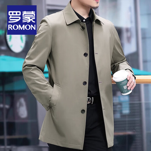 ROMON high-end spring and autumn windbreaker men's mid-length British style business casual middle-aged mature and steady lapel jacket men's navy blue XL / size 180