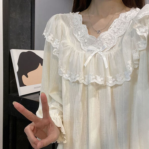 雅鹿蕾丝花边长袖睡衣女新款春秋季纯棉甜美公主风学生休闲家居服套装 KYX-9904#杏色(双长) M