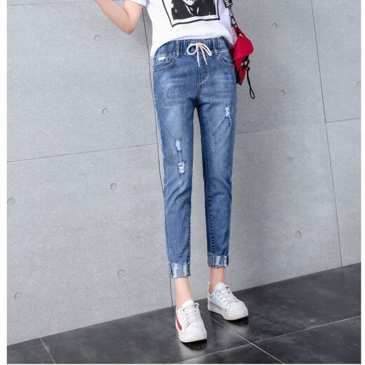 Jeans rasgados de Suowanyi para pantalones recortados para mujeres 2025 Spring and Summer Nuevo estilo coreano Pantalones de la cintura elástica pantalones delgados para mujeres 9901 azul claro 26