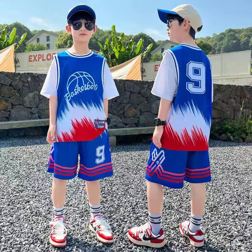 
Children's boys summer thin short-sleeved medium-sized children's new quick-drying sports boys basketball uniform suit No. 9 basketball uniform - black 150 Recommended height 140-150