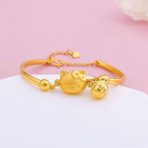 Yage Gold Hello Kitty Bracelet 999 Gold KT Cat Bell Bracelet Adjustable Half Bracelet for Girlfriend KT Cat 5.16g