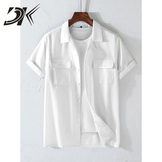 DK Light Luxury Herren-Leinen kurzärmeliges Hemd Herren Retro Revers Workwear atmungsaktiv dünner Sommer Baumwollwäsche vielseitiges Hemd weiß XL