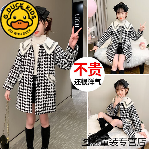 G.DUCKKIDS Girls' Woolen Coat Autumn and Winter 2023 New Mid-Length Children's Style Girls' Thickened Woolen Coat Children's Clothing Black 110 cm