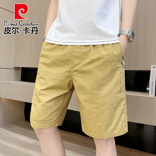 Pier Cardin brand men's men's five-point pants cotton summer thin trendy versatile shorts loose plaid beach mid-season pants yellow (2687) XL (recommended 100-125 Jin [Jin equals 0.5 kg])