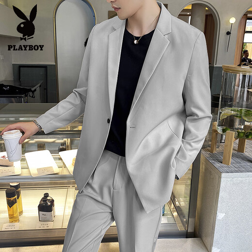 花花公子（PLAYBOY）痞帅休闲小西装男秋季轻熟风垂感百搭西装外套男网红套装 浅灰色西装+长裤（2件套） XL (130-145斤)
