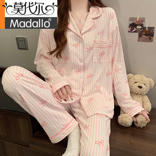 莫代尔甜美条纹ins韩系蝴蝶结印花夏季新款皱布睡衣女家居服短袖三件套 套KK3523# M 【建议80-100斤】