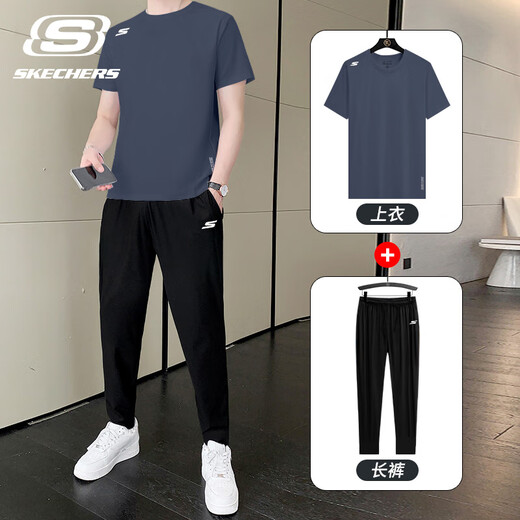 
SKECHERS Skechers Sports Set Men's New Quick-Drying Knitted Short Sleeve Straight Pants Teen Trendy Casual Two-Piece Set M291-026R Odyssey Gray [Set] L/175