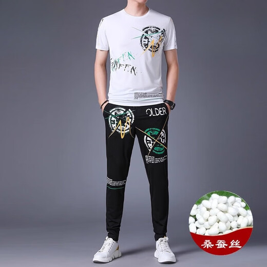 JEEP SPIRIT casual suit men's summer short-sleeved mulberry silkworm ice silk handsome match with Korean style fashion print trend 9227 black XL 175