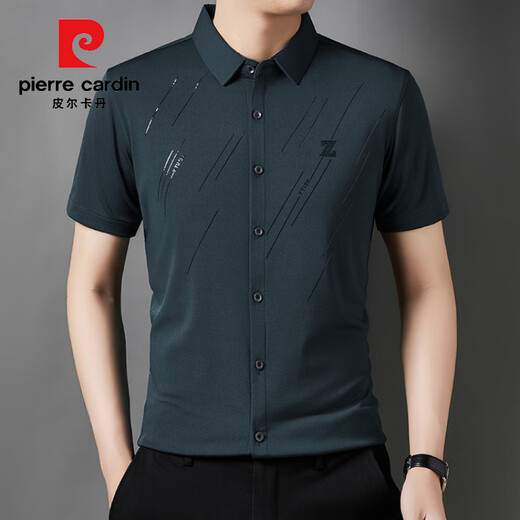 皮尔卡丹（pierre cardin）夏季无痕冰丝免烫短袖衬衫男士弹力新款休闲男士法式短袖衬衫 6622黑色 M 建议90-105斤