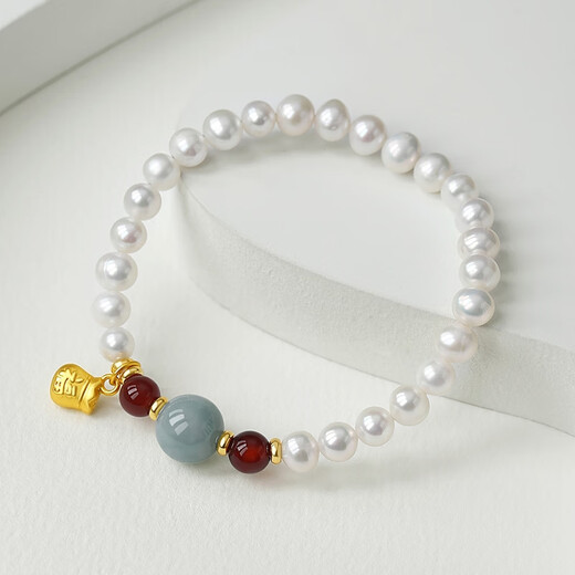 Queen of Pearls Lucky Bag Jade Agate Bracelet 5-6mm Freshwater Pearl Bracelet Fashionable and Simple