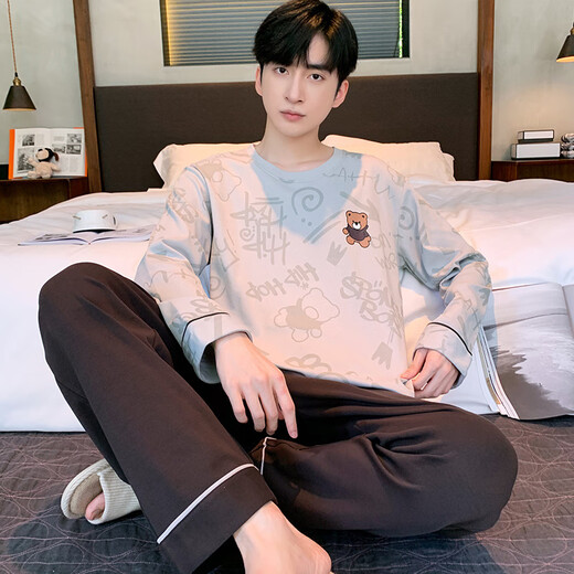 雅鹿纯棉睡衣男春秋长袖长裤秋季全棉圆领居家休闲男士家居服套装 LFT9928 L