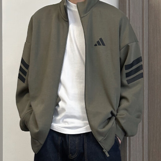 阿迪达斯 （adidas）外套男装2025春秋季新款运动服针织立领男士上衣夹克JD4885 JD4887橄榄绿 L