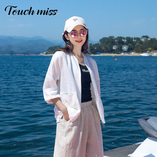 Tacimis Touch Miss Algodón de alta gama y lino Ropa de protección solar para mujeres 2025 Primavera y otoño Nuevo estilo delgado y antiguo Qianfeng Women Summer Linen Chaqueta corta Lago azul M