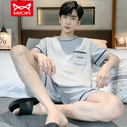 Catman (MiiOW) summer men's pajamas short-sleeved shorts cotton teenagers Korean style student large size home clothing middle-aged suit thin 9922 L men (recommended 100-130 Jin [Jin equals 0.5 kg])