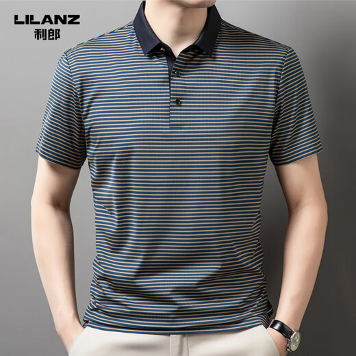 Lilang men's lapel short-sleeved T-shirt summer striped young and middle-aged business casual POLO shirt ice silk breathable top blue 13691 2XL 185