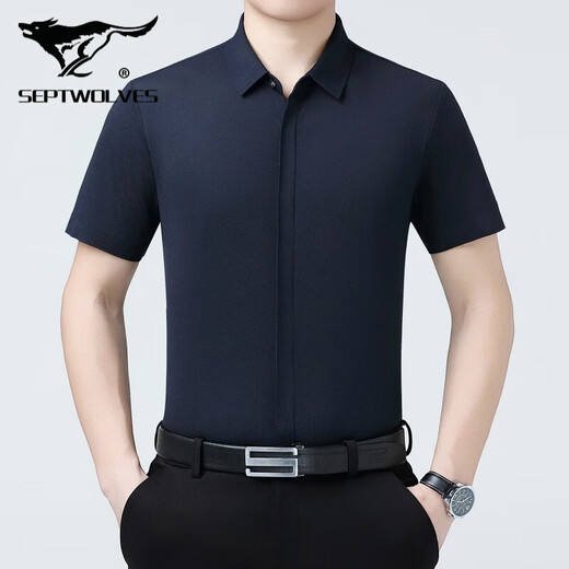 Sieben Wolf Mulberry Silk Short Sleeve Shirt Herren Sommer Neues Freizeitgeschäft No Bügelhemd mit mittleren Alter dünne halbärmelige Top 6913 Graues Grün 4xl 195/135