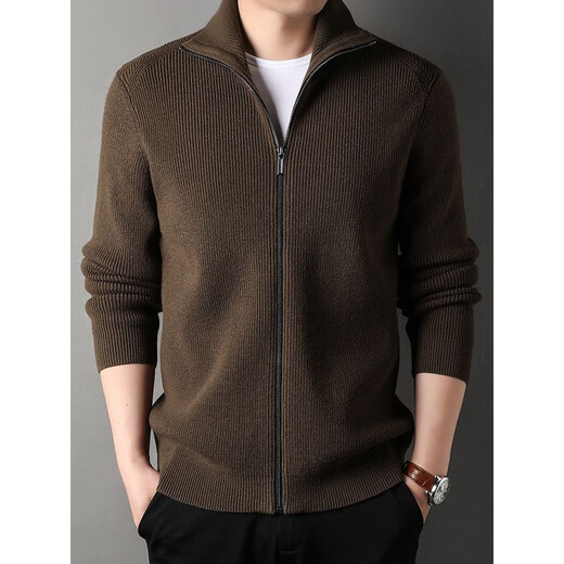 DVW international men's brand knitted wool cardigan autumn and winter new zipper loose solid color middle-aged wool top high-end dark coffee 2XL suitable for 160-180Jin Jin equals 0.5 kg