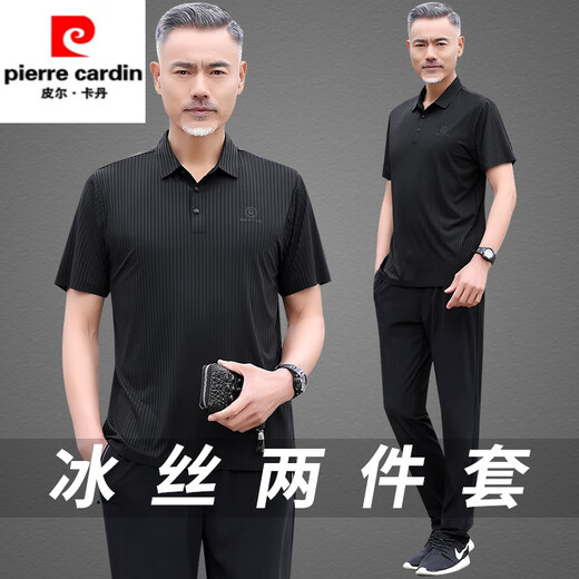 Pier Cardin High-End High-End mittleren und ältere Männer-T-Shirt-T-Shirt-Kurzärmel-Sommer-Eisseidenanzug Herren-Sportbekleidung Vaters Anzug 2025 Vatertag 756 Schwarz [kurze Ärmel + Hosen] l [Gewicht 100-120 Jin [Jin gleich 0,5 kg]]