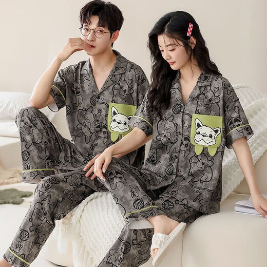 Yimi Mei zwei Anzug Paar Pyjamas Frühlings- und Sommer-Kurzärärmel-Strickjacke Square Collar Herren Hausbekleidungsanzug SKS 693 M Frauen m