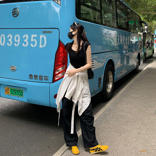 皮尔卡丹黑色降落伞美式工装裤女夏季新款百搭薄款休闲裤阔腿抽绳直筒裤女 6630藏蓝色 6630藏蓝色 XS