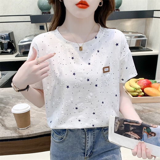GTYUWVG纯棉印花t恤女短袖夏装2025年新款宽松印花设计感百搭体恤上衣潮 1396#白色 S 适合80-99斤