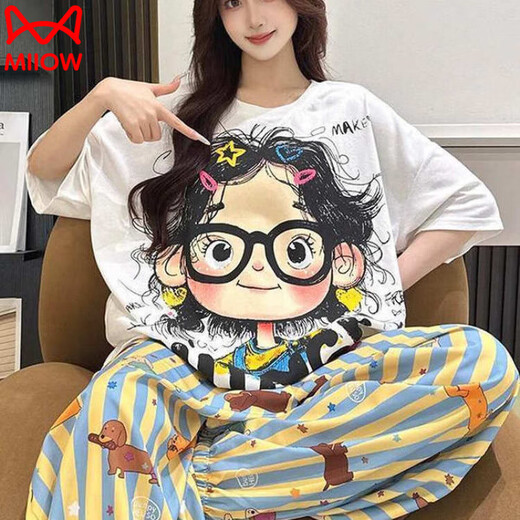 Catman (Miiow) Koreanischer Pywon-Pyjamas für Frauen im Sommer kurzärmelige lange Hosen Cartoon Curly Hair Girl Home Kleidung Großgröße zweiteiliger Set für Außen-Cartoon-Mädchenanzug (Empfohlen 110 ~ 125 Jin [Jin gleich 0,5 kg]))