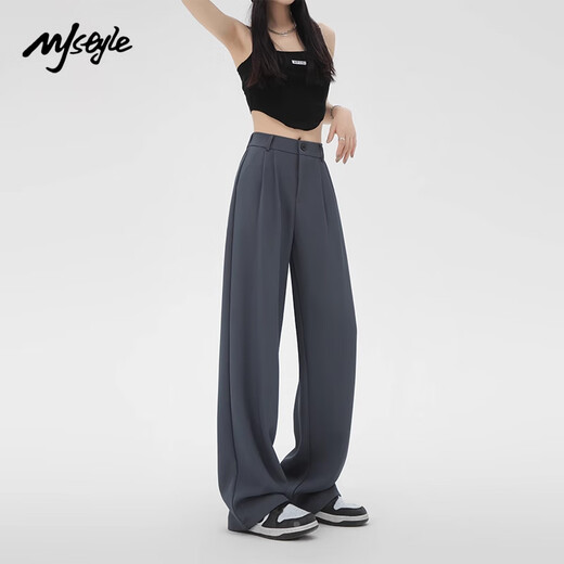 MJ STYLE wide-leg pants for women's summer thin high waist drape straight-leg pants narrow version casual pants versatile slim suit pants black L