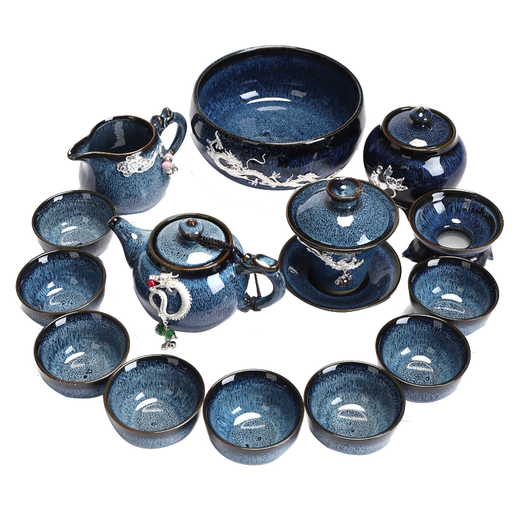 Beautiful and high-quality tea set set with gilt silver obsidian glazed Kungfu tea set complete set of ceramic teapot and tea cup as a gift Lan Fei teapot Jiaolong tea washing Tenglong 15 pieces