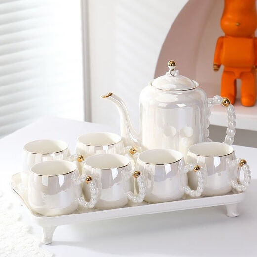 Cool season light luxury high-end housewarming ceramic water set tea cup household tea set Nordic living room teapot cup water cup complete set pearl high-end white 6 cups