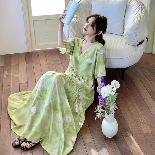 山头林村一体式固定胸垫睡裙可外穿有腰带女短袖夏季棉绸加长款连衣裙 V领长裙紫薇带胸垫 均码 F裙长12590-160斤