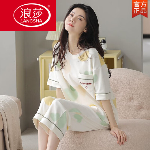 浪莎（LangSha）2025年新款睡衣女夏季纯棉短袖七分裤薄款休闲可外穿家居服舒适 9859【短-袖短-裤】 M 【建议80-100斤穿】