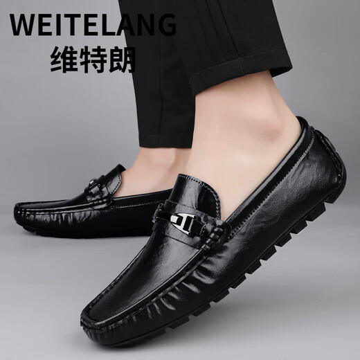 WEITELANG维特朗2025新款男士豆豆鞋软底耐磨透气驾车鞋休闲皮鞋男一脚蹬懒人 MT9921黑色 38