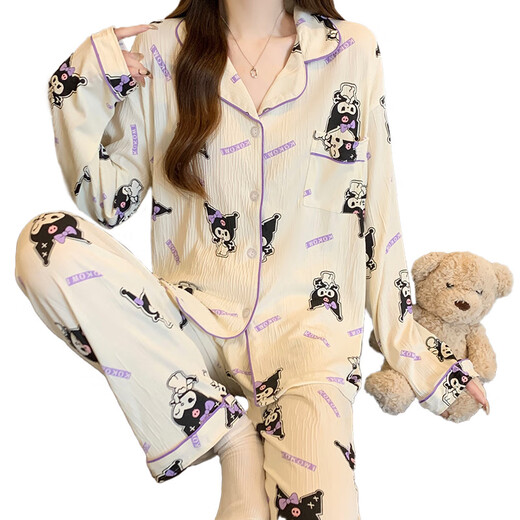 Pajamas for women's cartoon thin long sleeve spring and autumn wrinkled cloth new style for outdoor wear and clothing set wholesale set KK3523 M [recommended 80-100Jin [Jin equals 0.5 kg]]