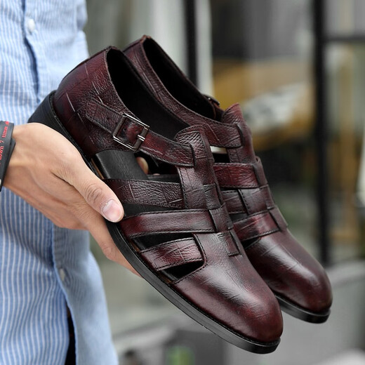 Kangaroo (DAISHU) broken code 2025 head layer cowhide summer new style men's bag-toe formal leather sandals genuine leather soft sole handmade hollow hole 9195 black 38
