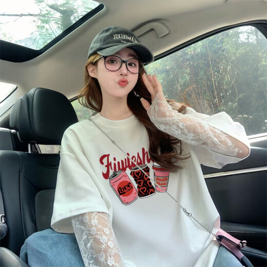 酷章（KUZHANG）网红炸街涂鸦宽松假两件纯棉t恤女2025蕾丝拼接显瘦防晒上衣 af7029 白色 M 建议110斤内